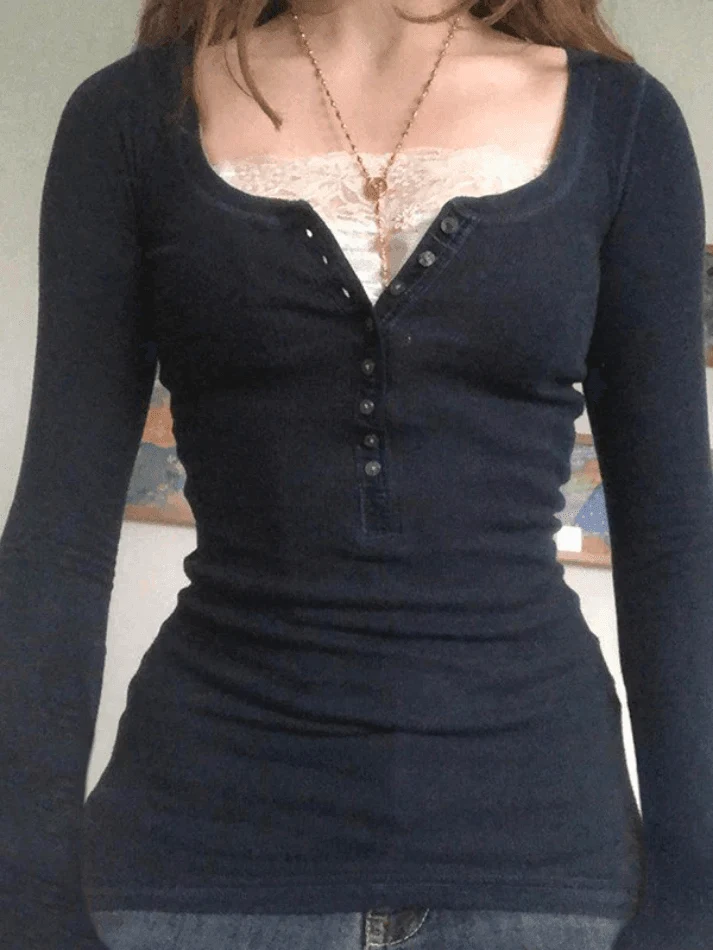 Patchwork Lace Buttoned Long Sleeve Tee - Image 9