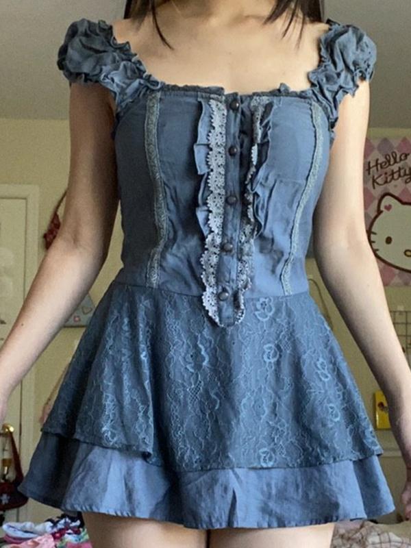 Patchwork Lace Tiered Strap Mini Dress - Image 6