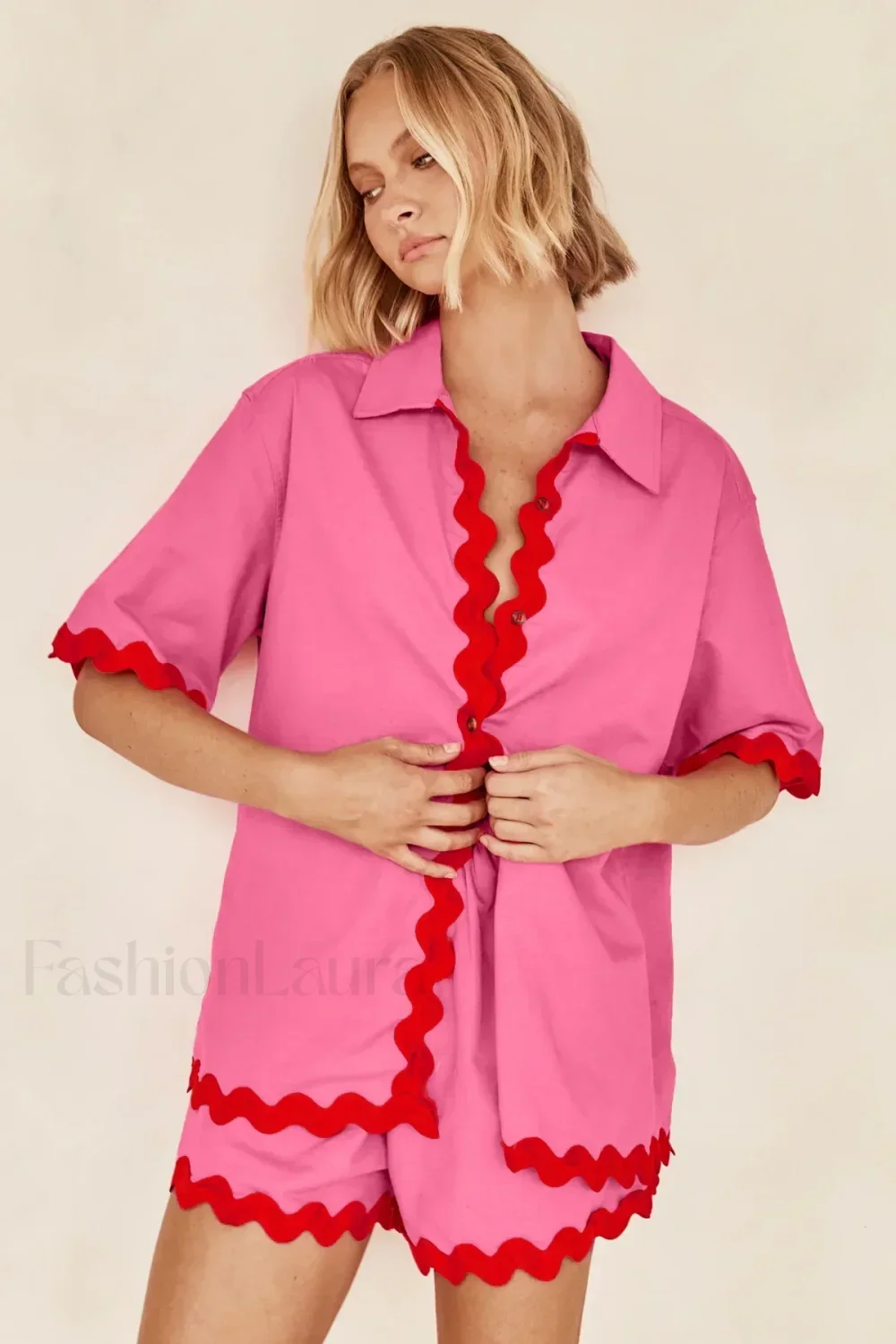Patchwork Turn Down Shirt Loose Shorts Two Piece Set - Image 11