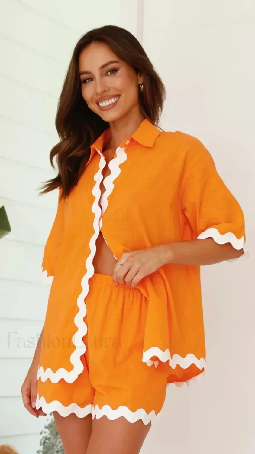 Patchwork Turn Down Shirt Loose Shorts Two Piece Set - Image 13
