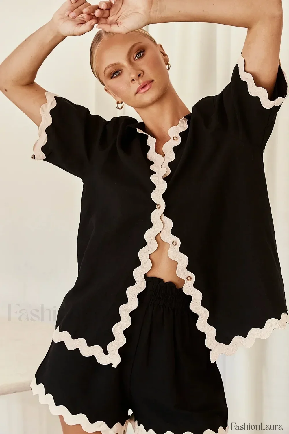 Patchwork Turn Down Shirt Loose Shorts Two Piece Set - Image 27