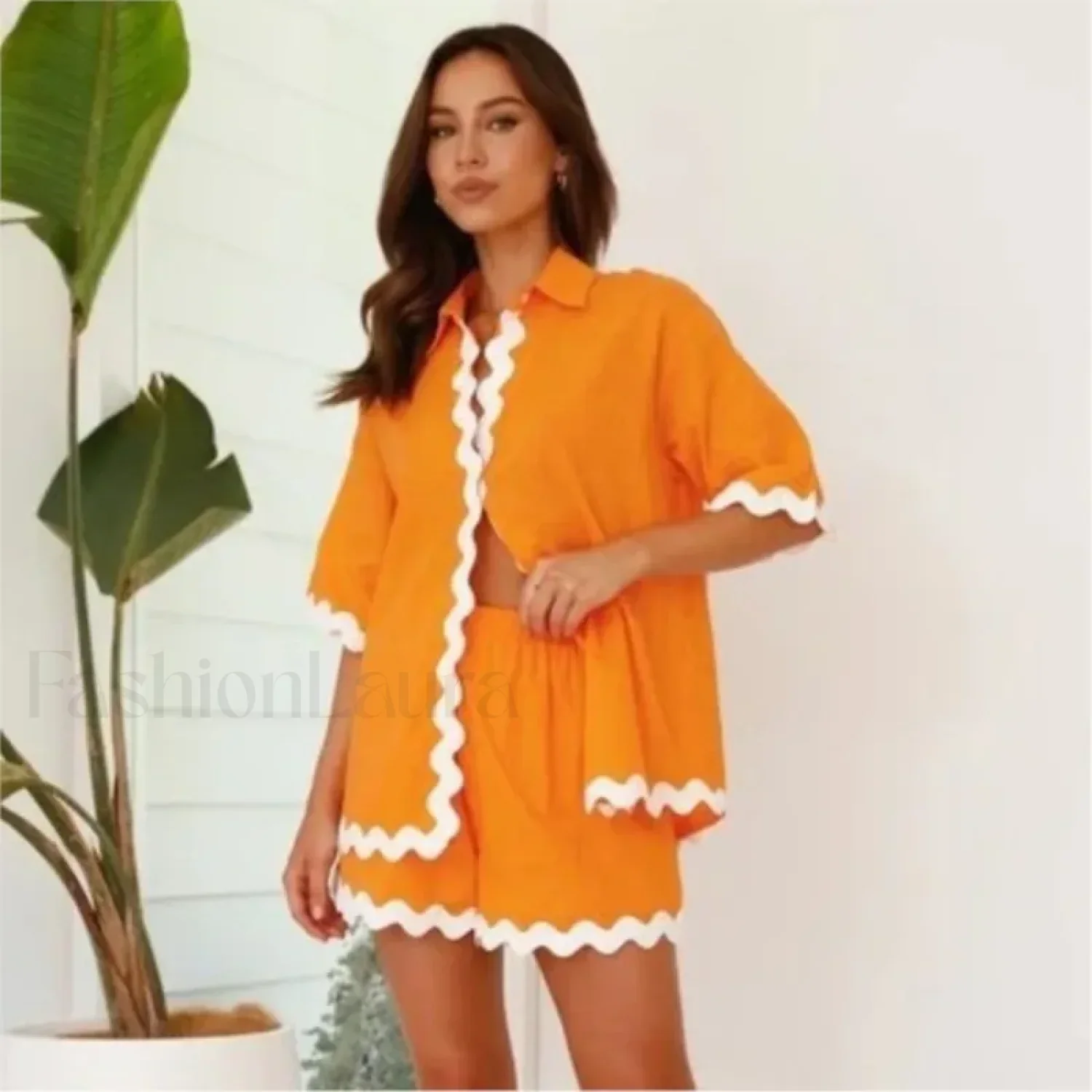 Patchwork Turn Down Shirt Loose Shorts Two Piece Set - Image 5