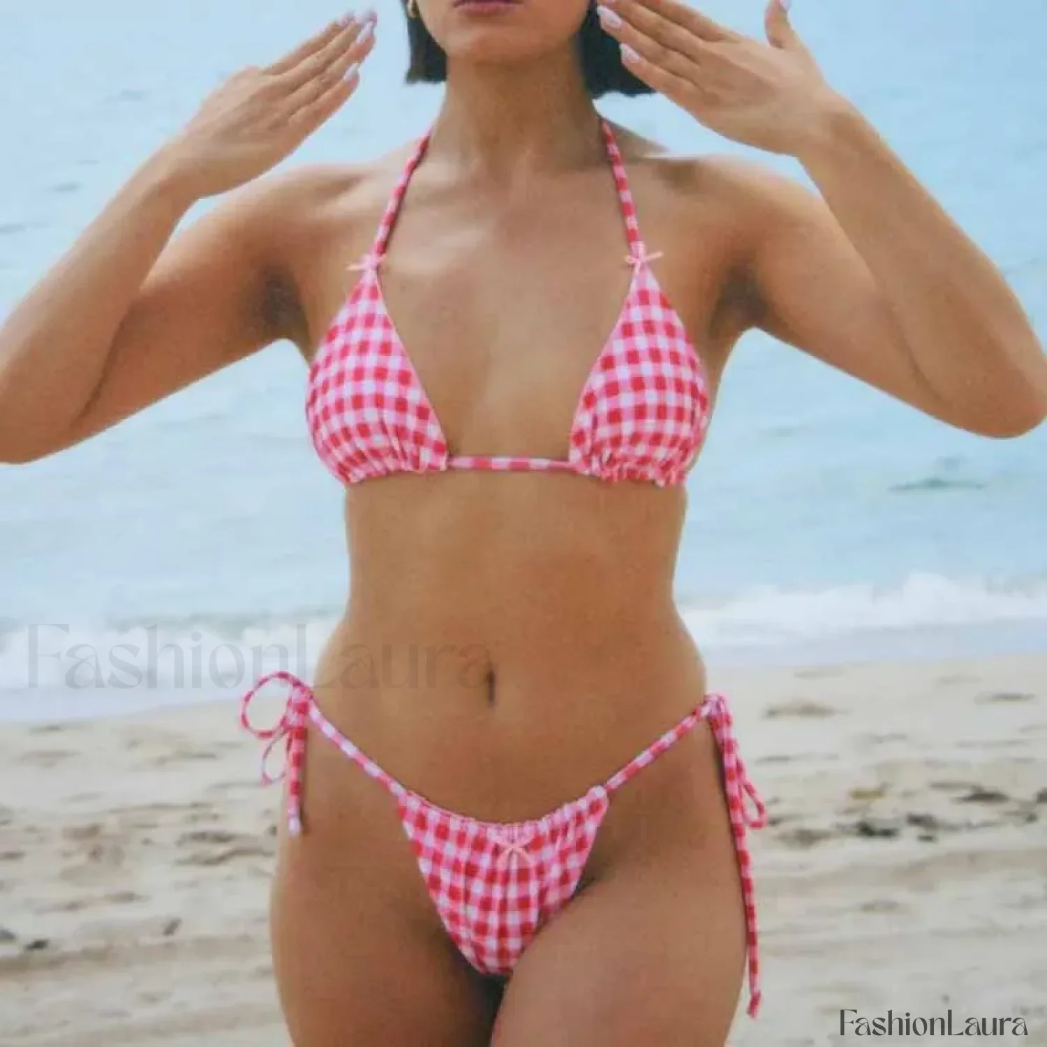 Plaid Backless Tie-Up Bikini Set - Image 12
