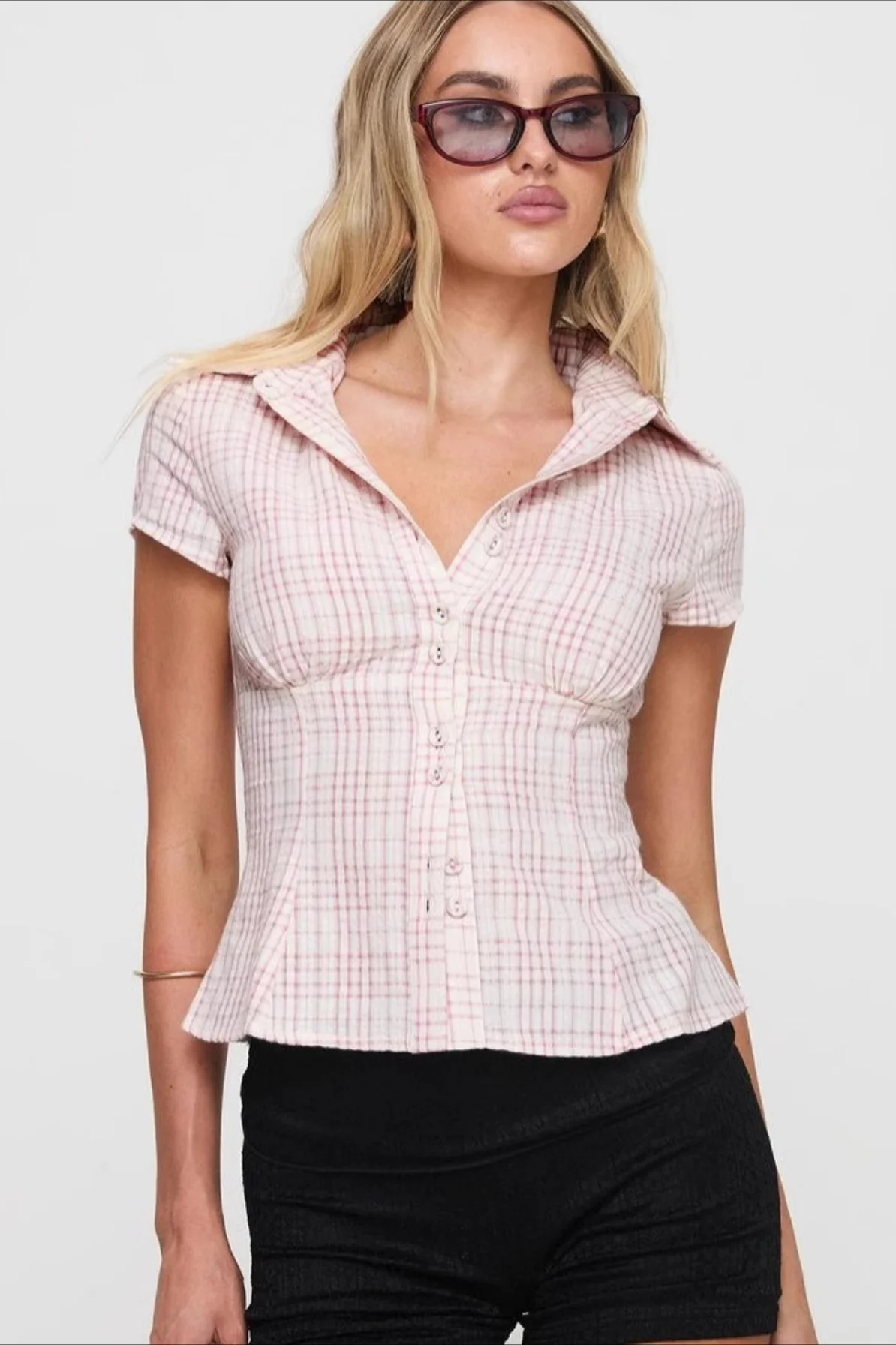 Plaid Double Button Slim Fit Shirt Blouse - Image 4