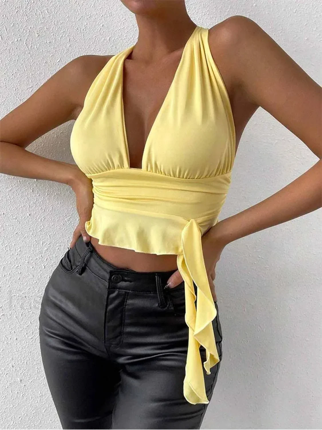 Pleated Deep V-Neck Crop Top - Image 3