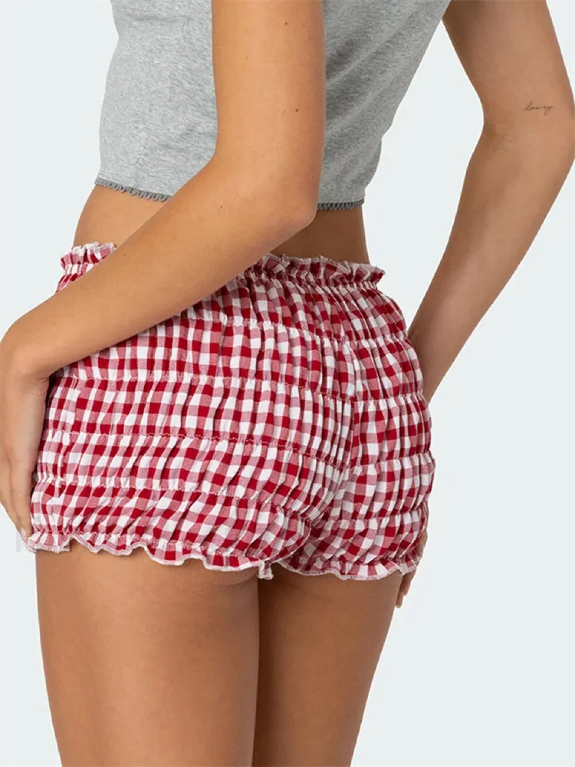 Ruched Plaid Print Slim Fit Low Waist Casual Summer Short - Image 9