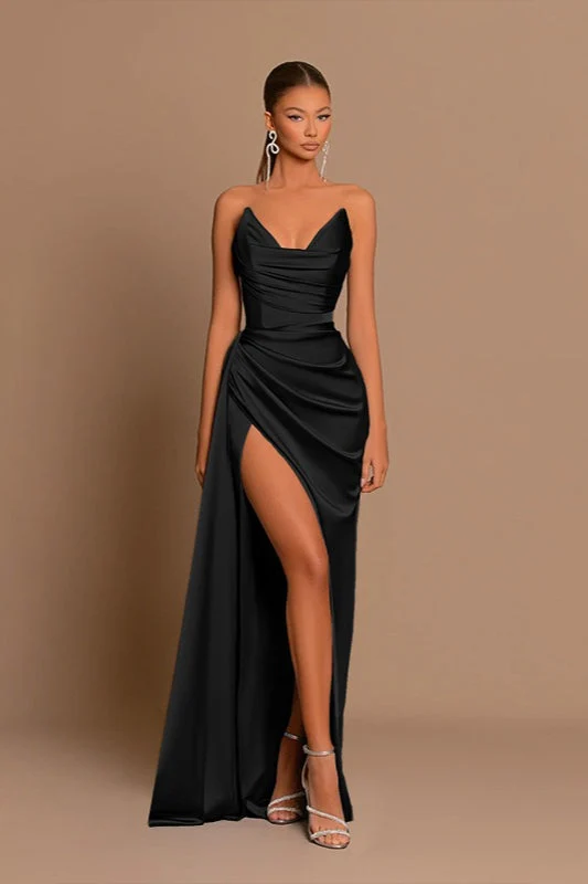 Satin Deep V Corset Slit Formal Dress - Image 4