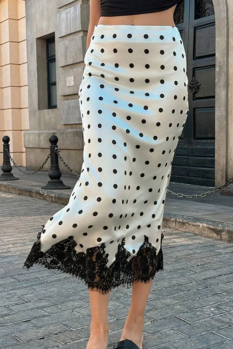 Satin Polka Dot Lace Bodycon Midi Skirt - Image 4