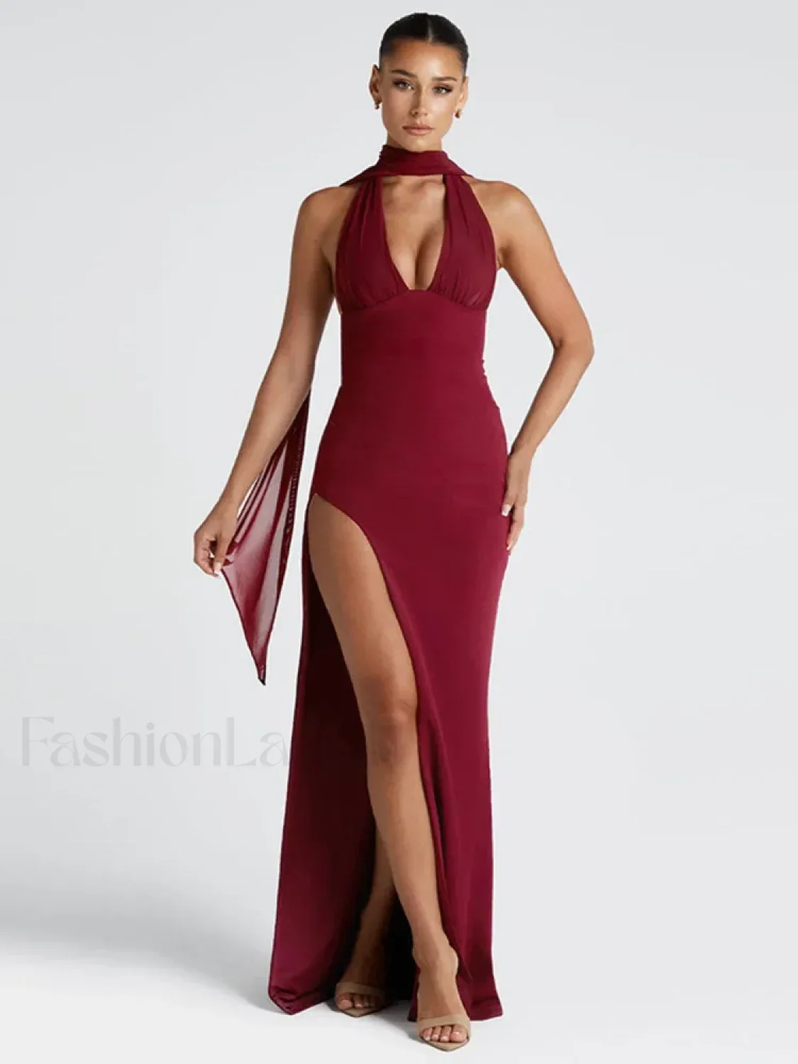 Scarf Split Deep V Maxi Dress - Image 2