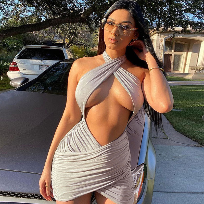 Cutout Front Cross Halter Neck Ruched Bodycon Mini Dress - Gray - Image 5