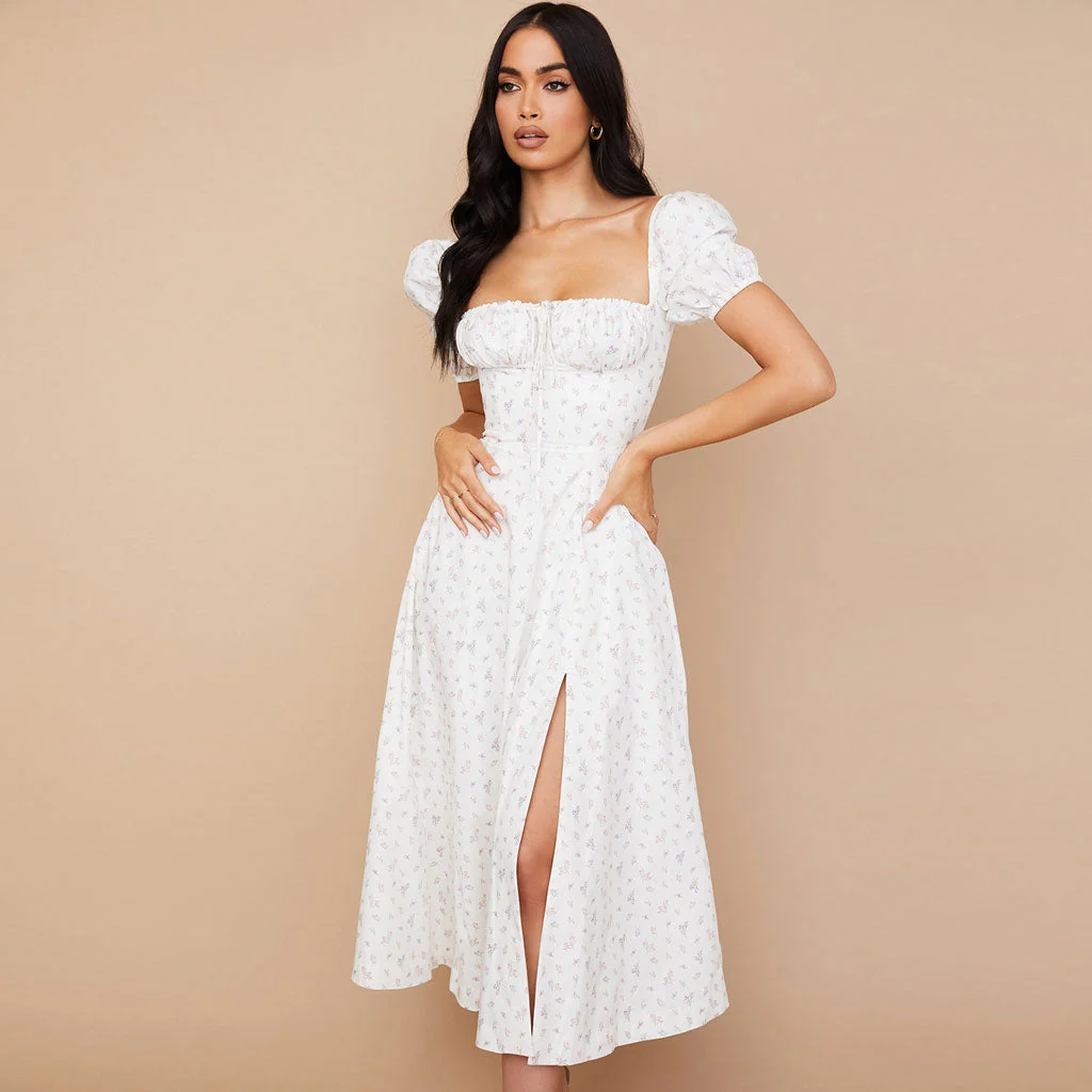 Daisy Printed Puff Sleeve High Slit Smock Maxi Sundress - White - Image 11