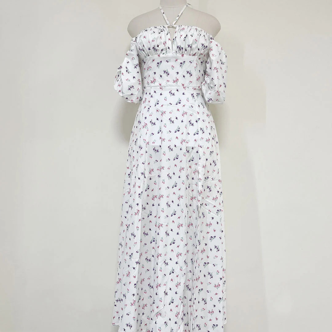 Daisy Printed Puff Sleeve High Slit Smock Maxi Sundress - White - Image 5