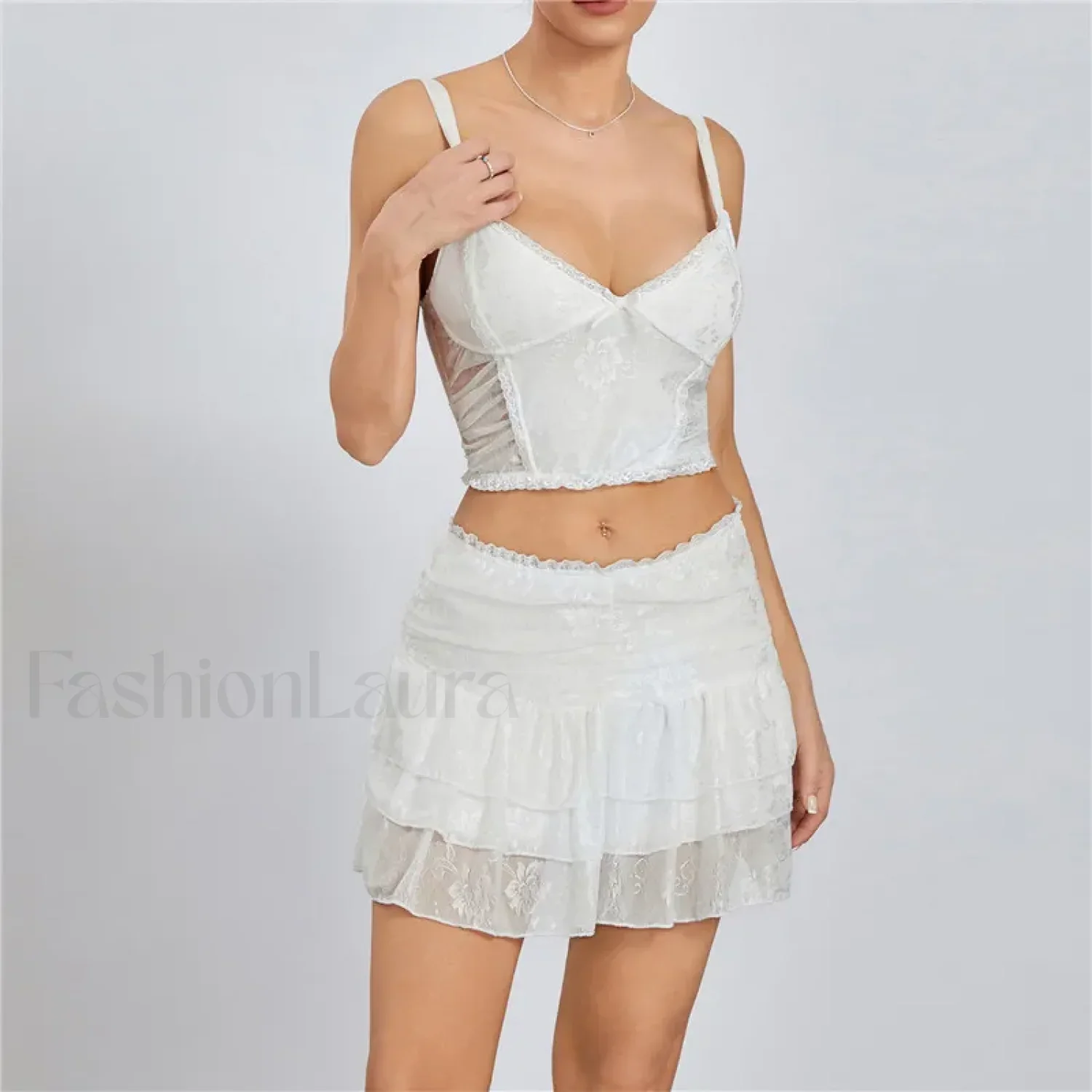 Sexy Lace Trim Sleeveless Crop Cami Mini Skirt Two Piece Set - Image 10