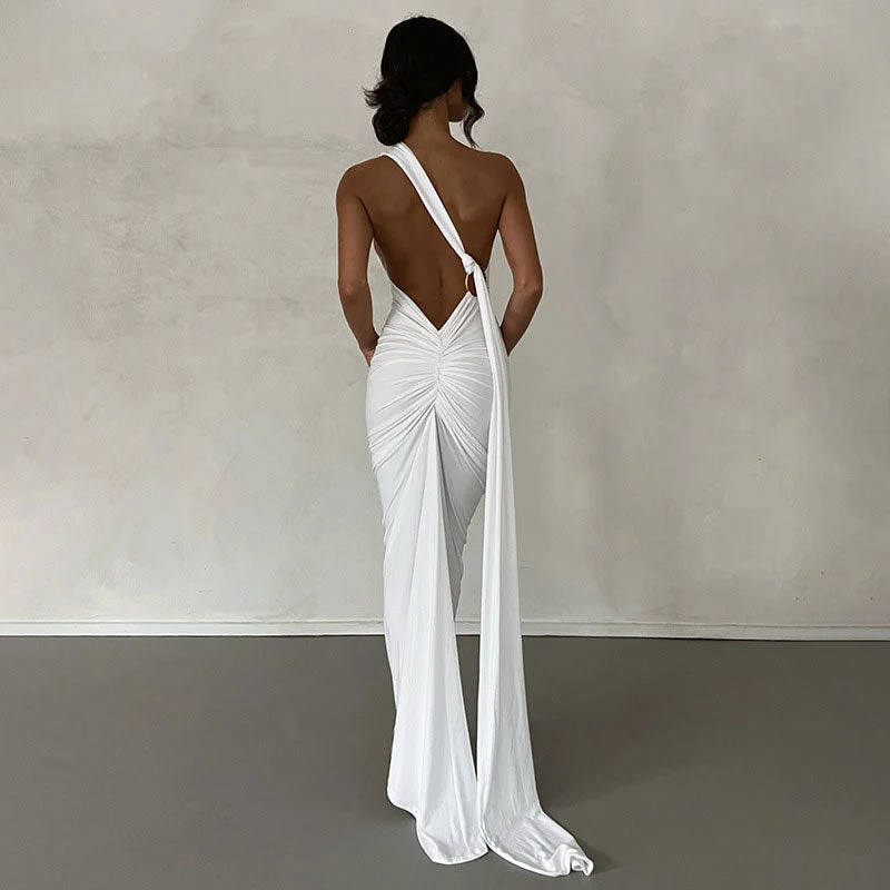Solid Color One Shoulder Ruched Evening Maxi Dress - Black - Image 4