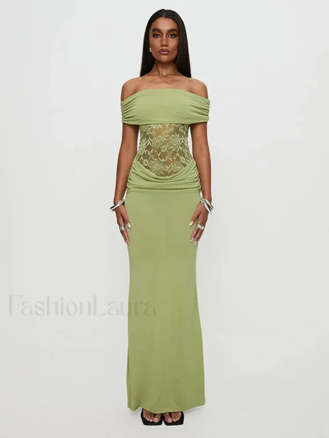 Sheer Green Strapless Maxi Dress - Image 7