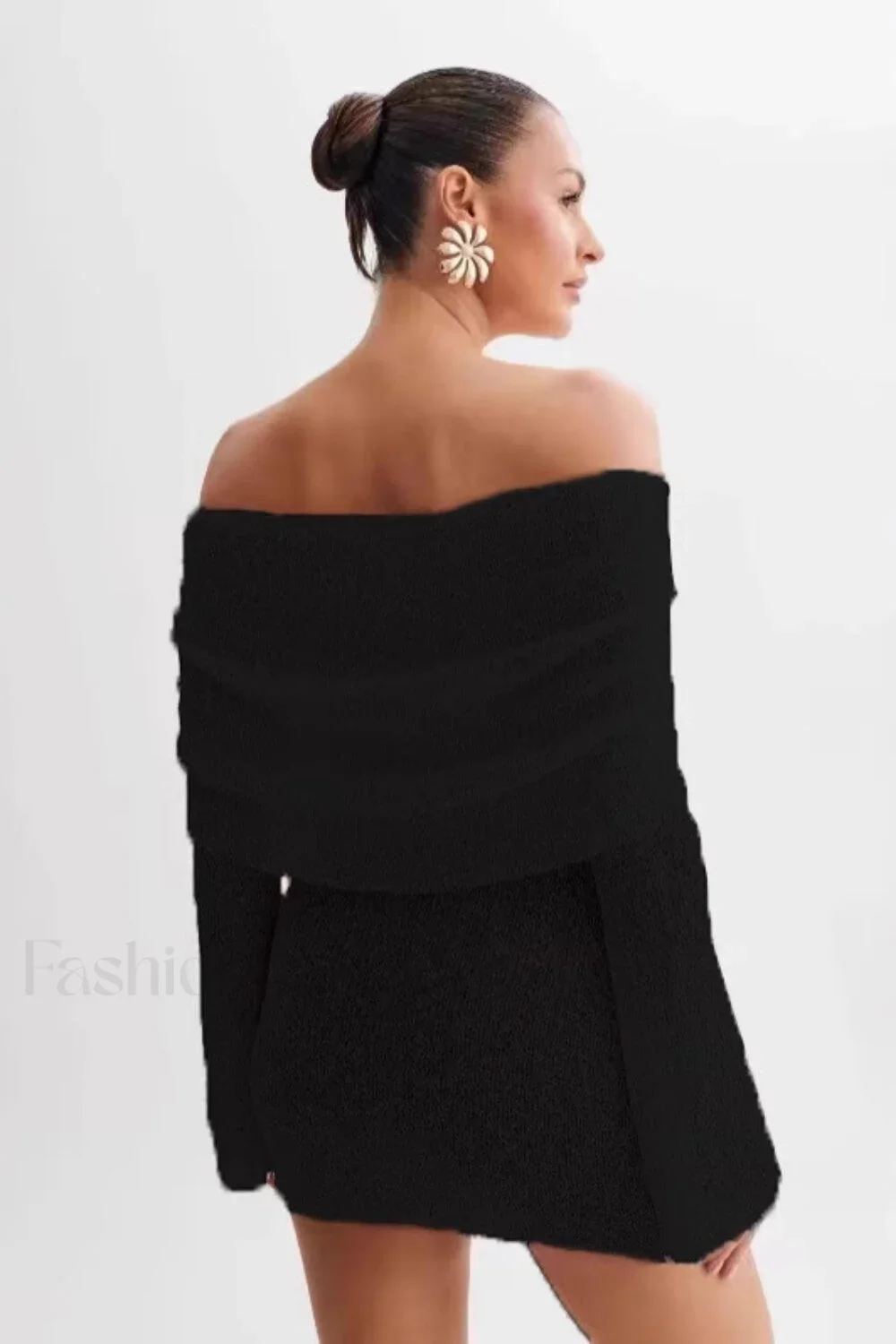 Sheer Long Sleeve Off-Shoulder Knit Work Dress - Image 9