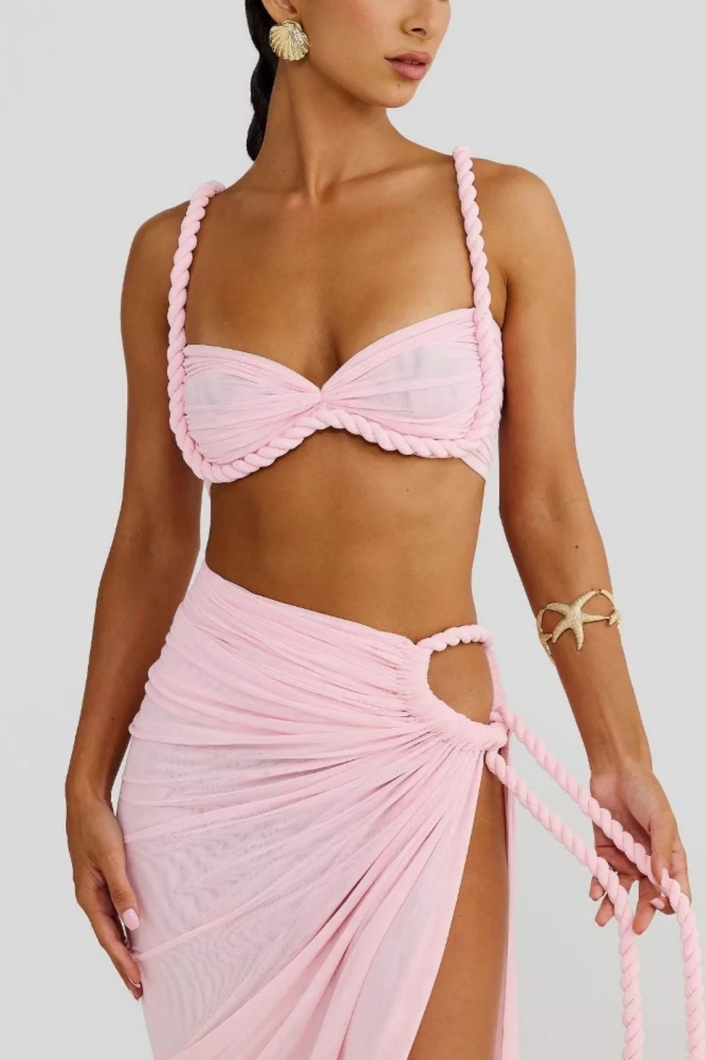 Solid Backless Hollow Beach Maxi Skirt Set - Image 3