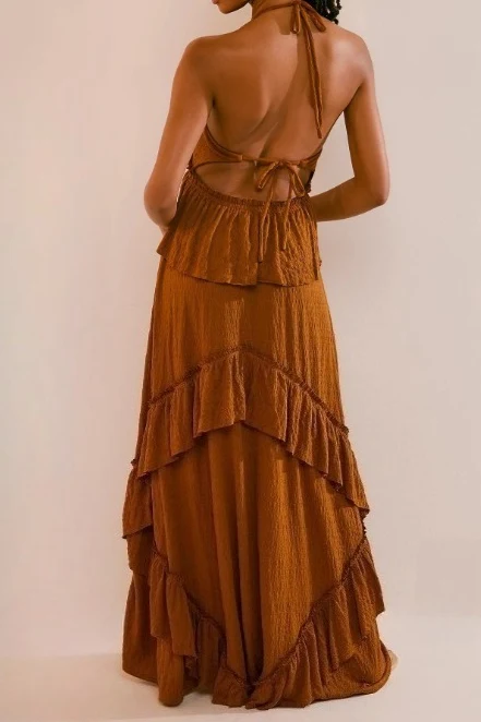 Solid Backless Ruffle Patchwork Boho Dress - Image 13