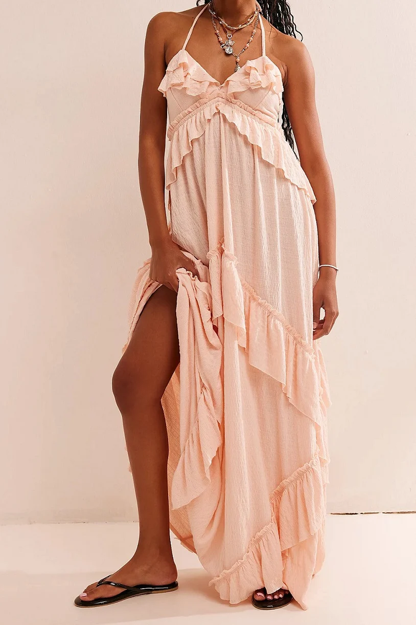 Solid Backless Ruffle Patchwork Boho Dress - Image 5