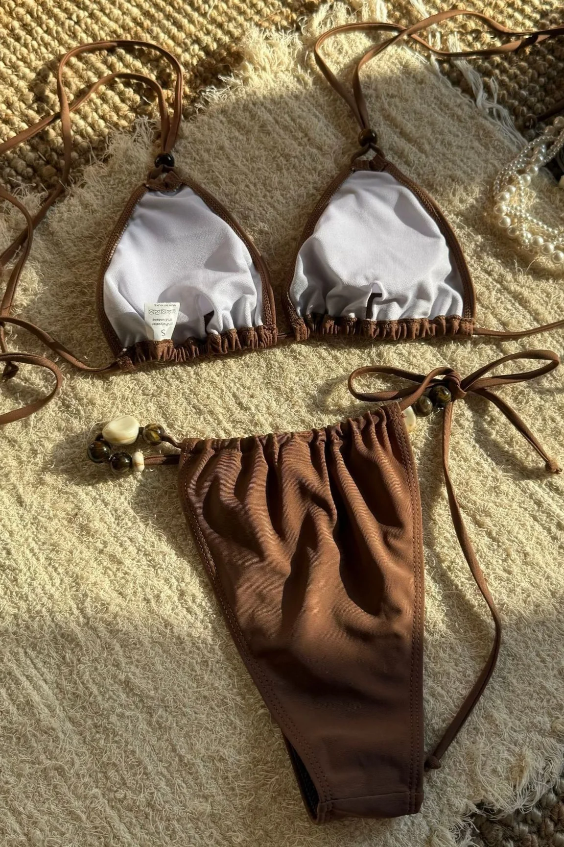 Solid Color Backless Halter Beaded Bikini Set - Image 10