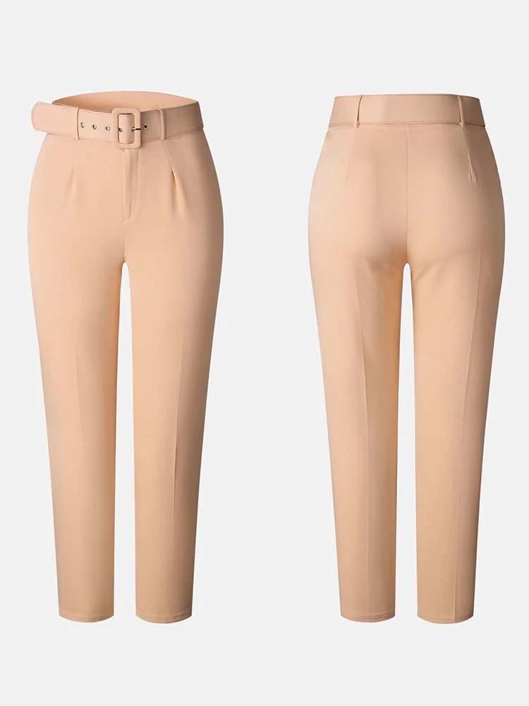 Solid Color Belted Pencil  Pants - Image 4