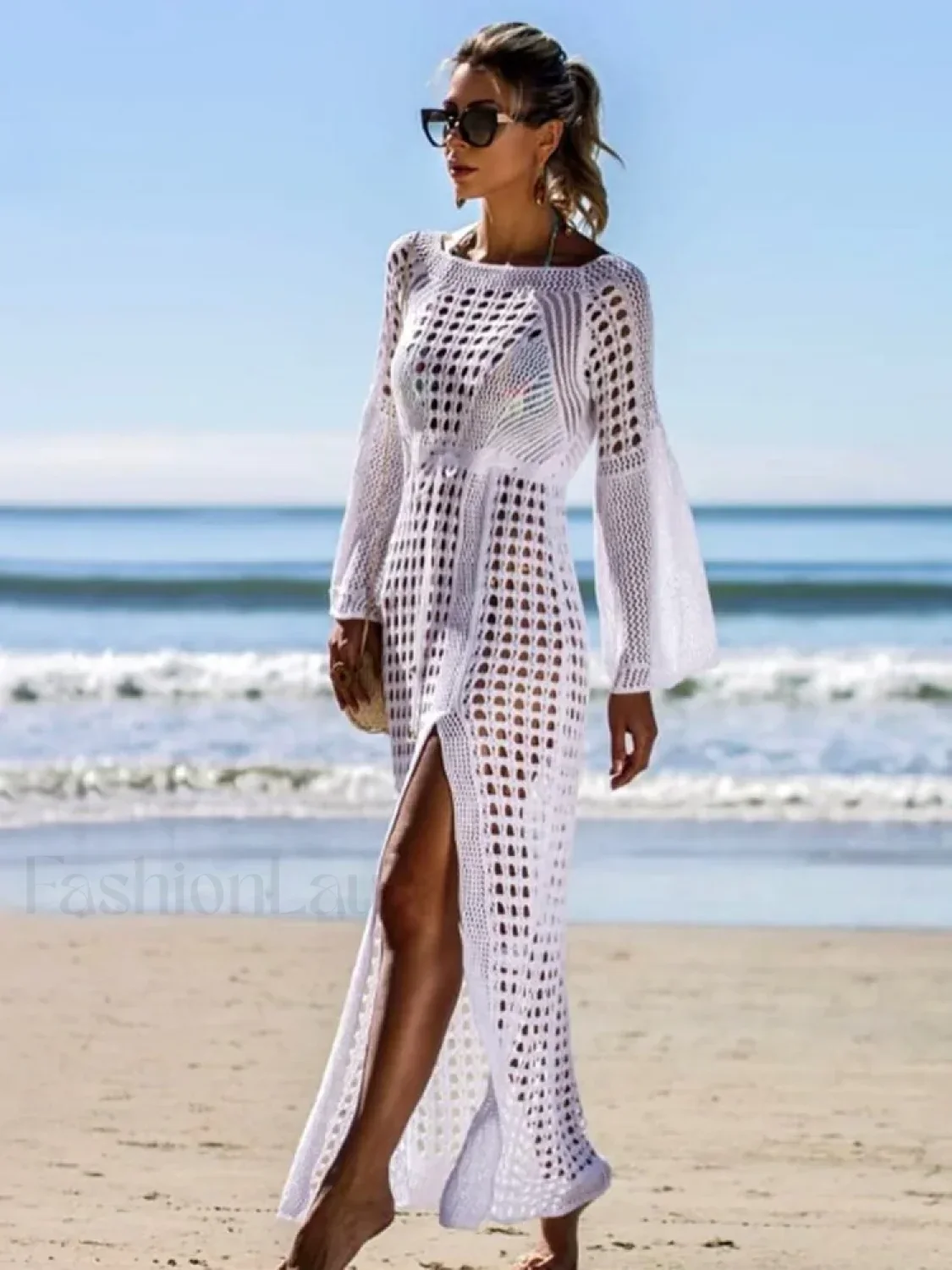 Solid Hollow Lace Up Slit Cut Cover Up - Image 7