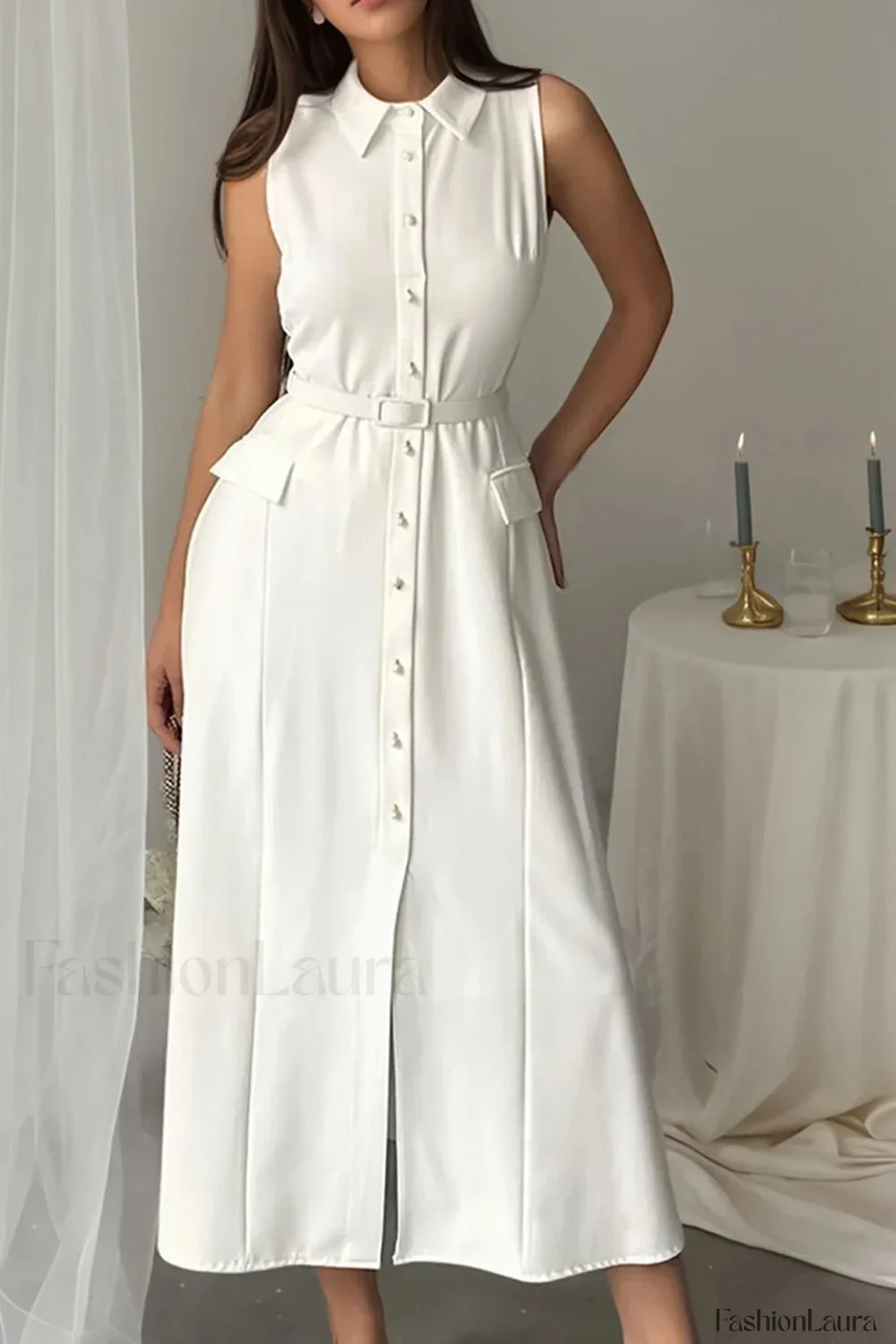 Solid Sleeveless Pearl Buckle Slim Split Maxi Dress - Image 11