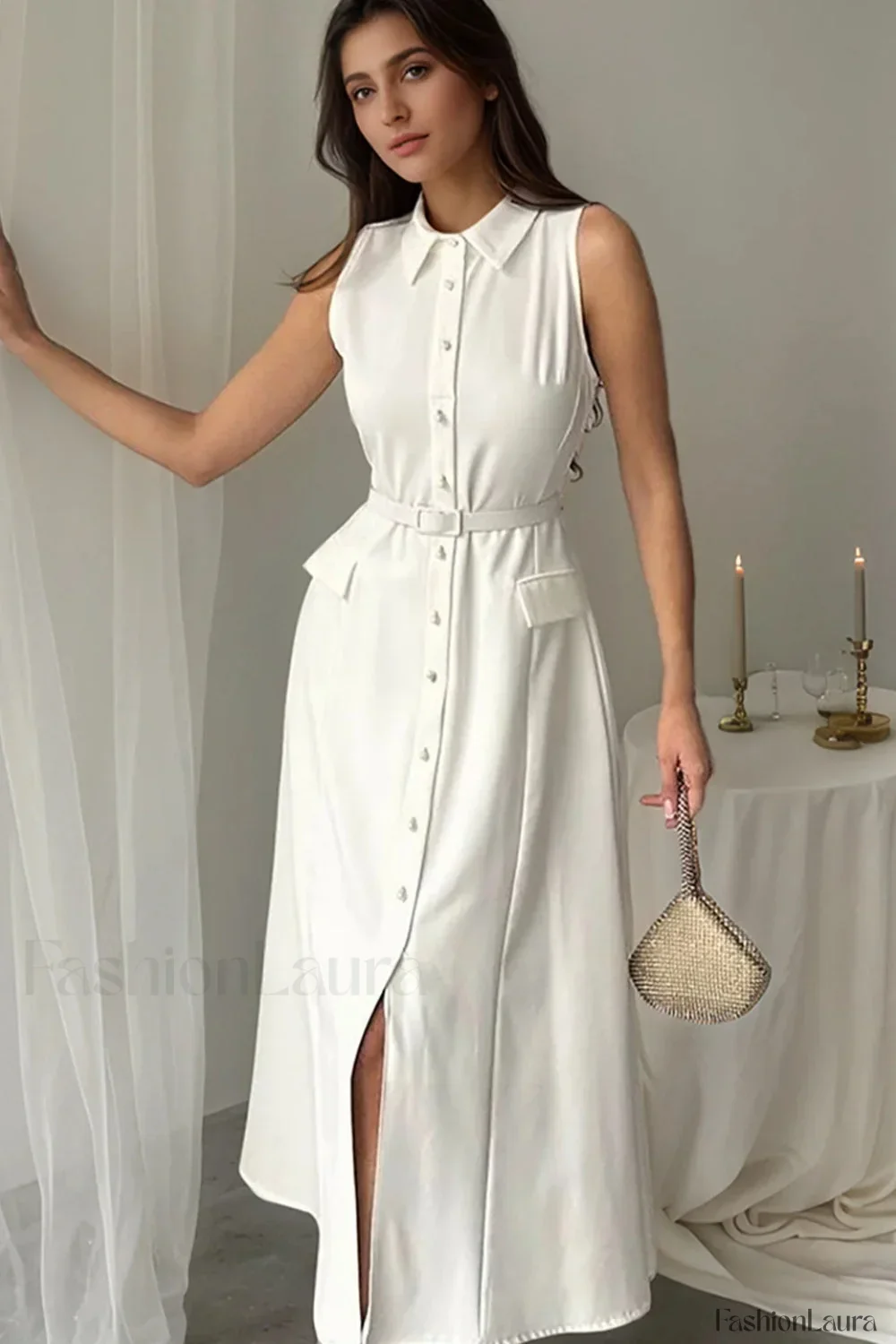 Solid Sleeveless Pearl Buckle Slim Split Maxi Dress - Image 12
