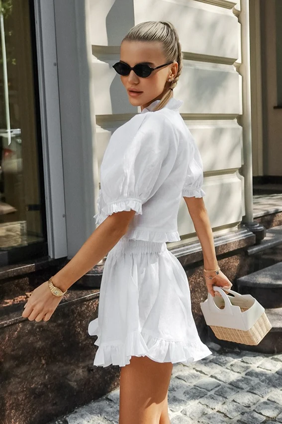Stand Collar Puff Sleeve Ruffle Shorts Set - Image 3