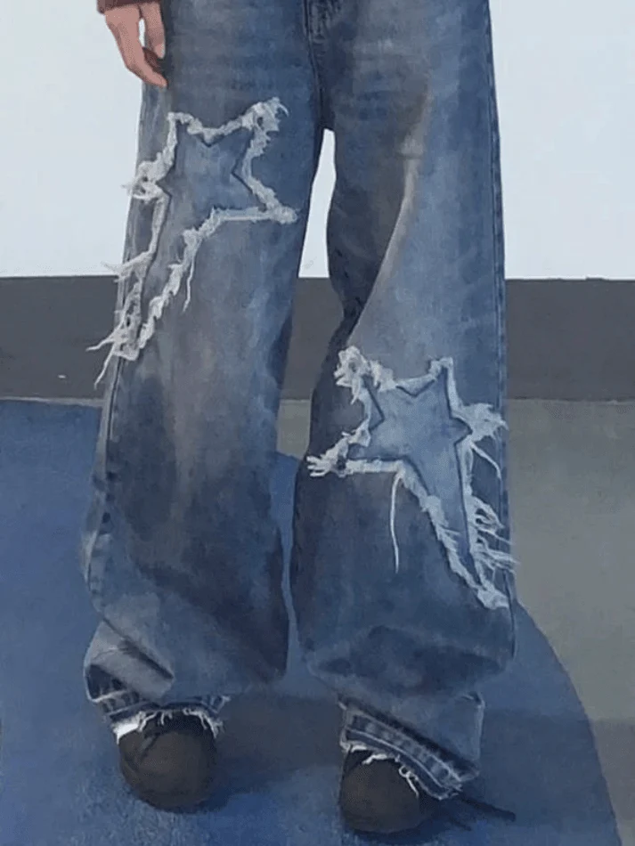 Star Patch Distressed Blue Boyfriend Jeans - Image 7