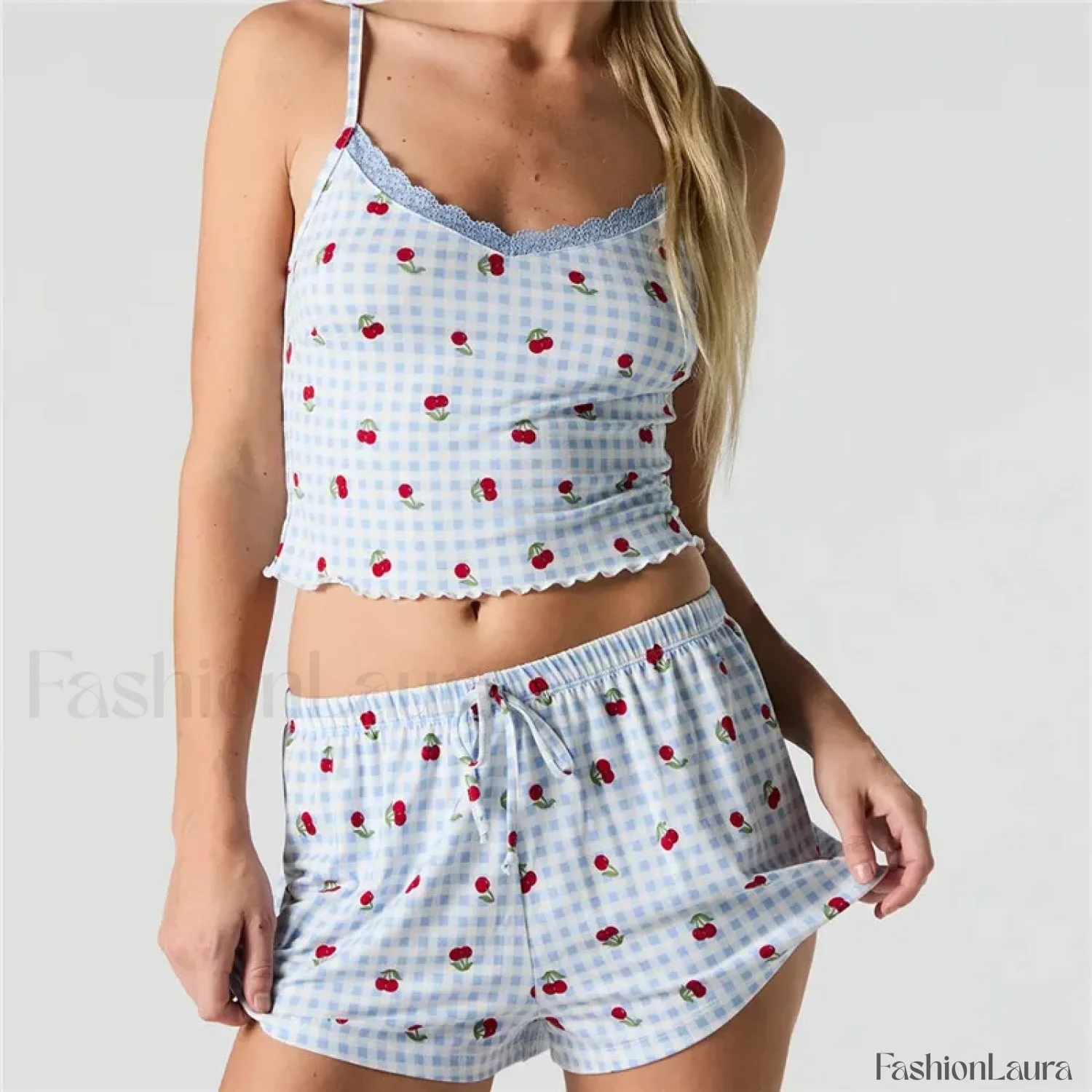 Strawberry Soft Fabric Lace Trim Cami Shorts Two Piece Set - Image 14