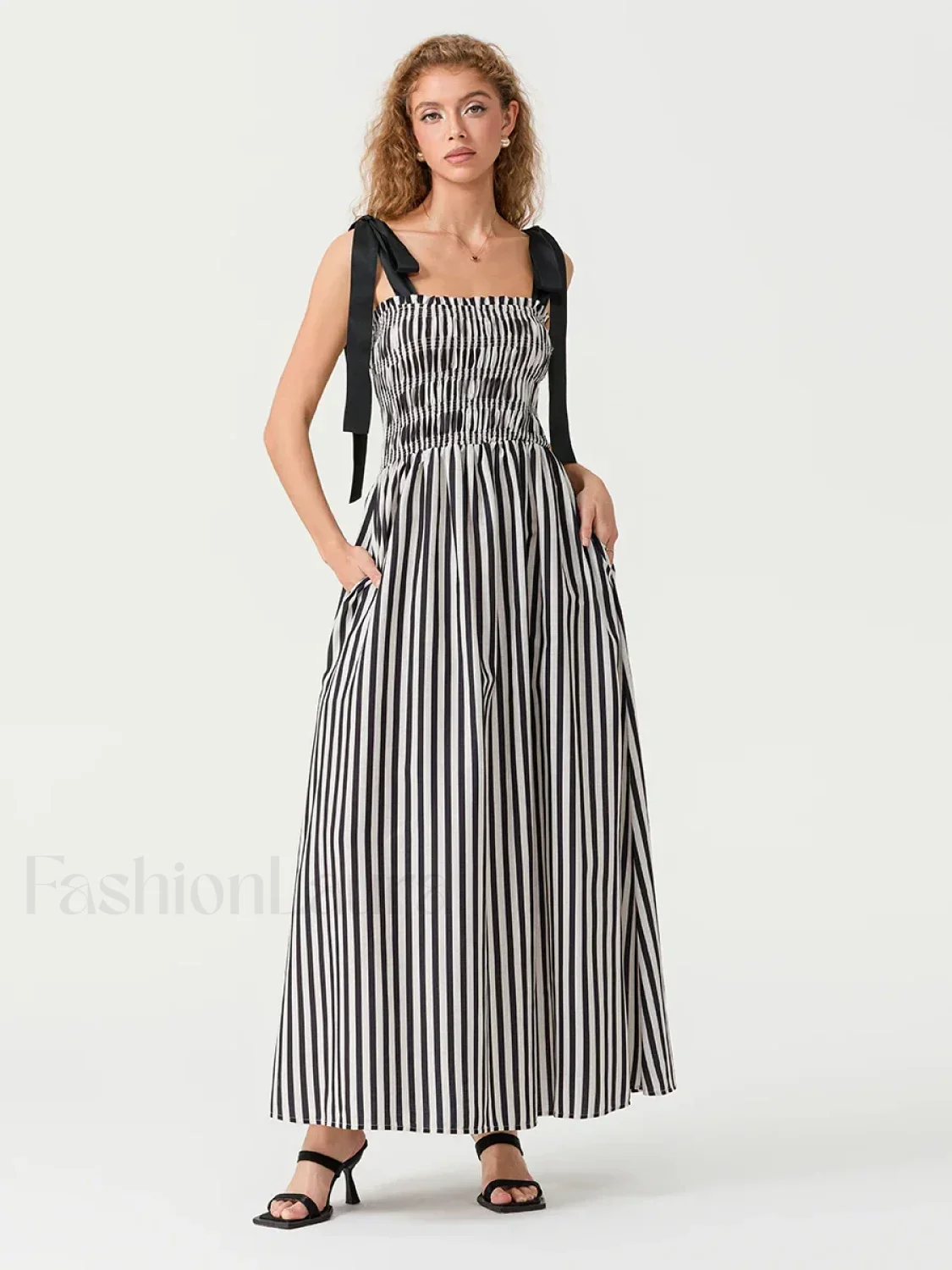 Striped Bow Shirred Maxi Dress - Image 11