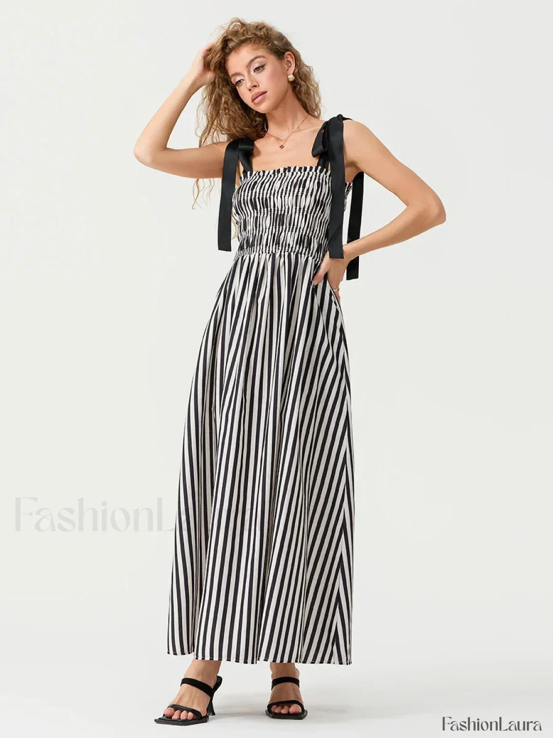 Striped Bow Shirred Maxi Dress - Image 15