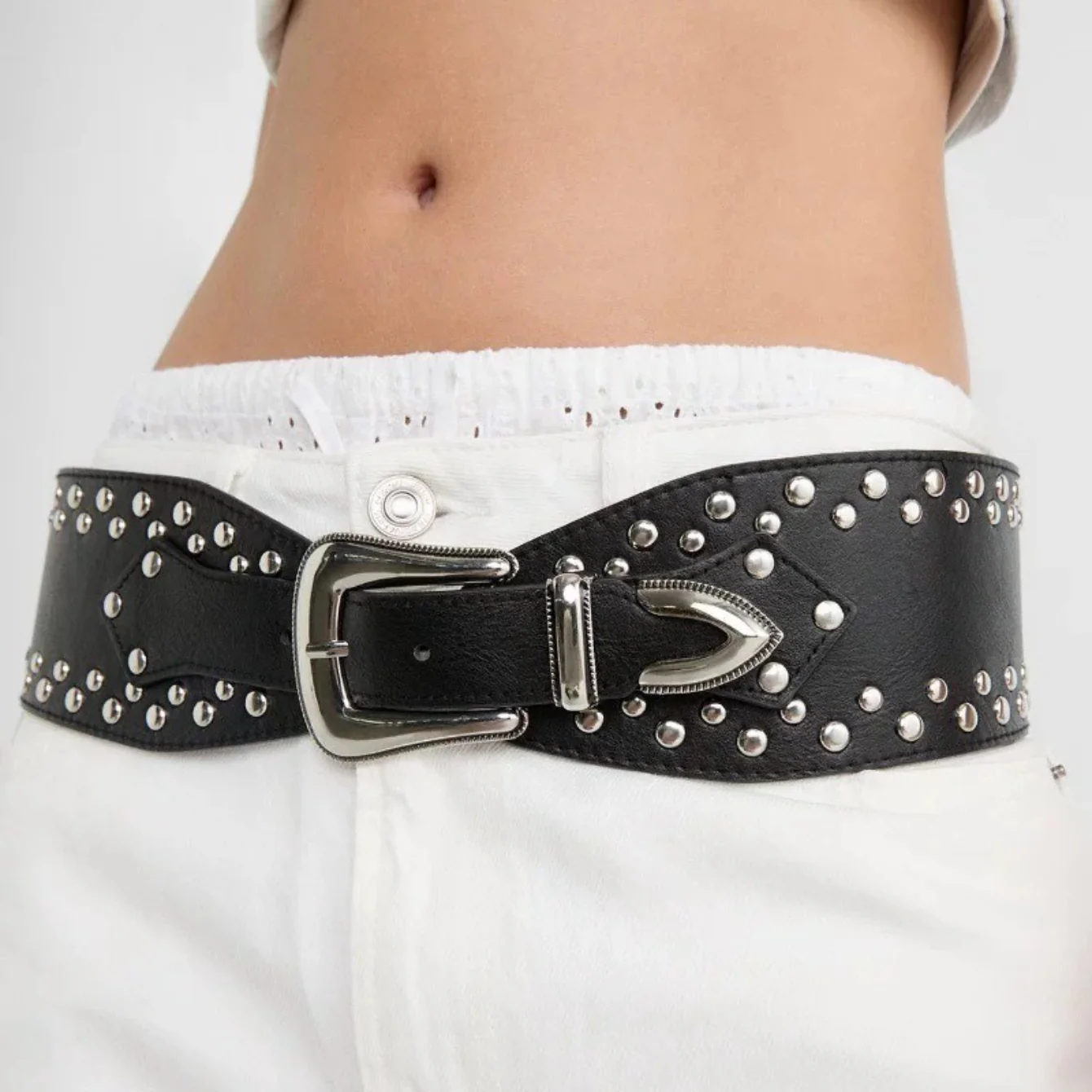 Studded Patchwork Alloy Wide Waist Belt - Image 4