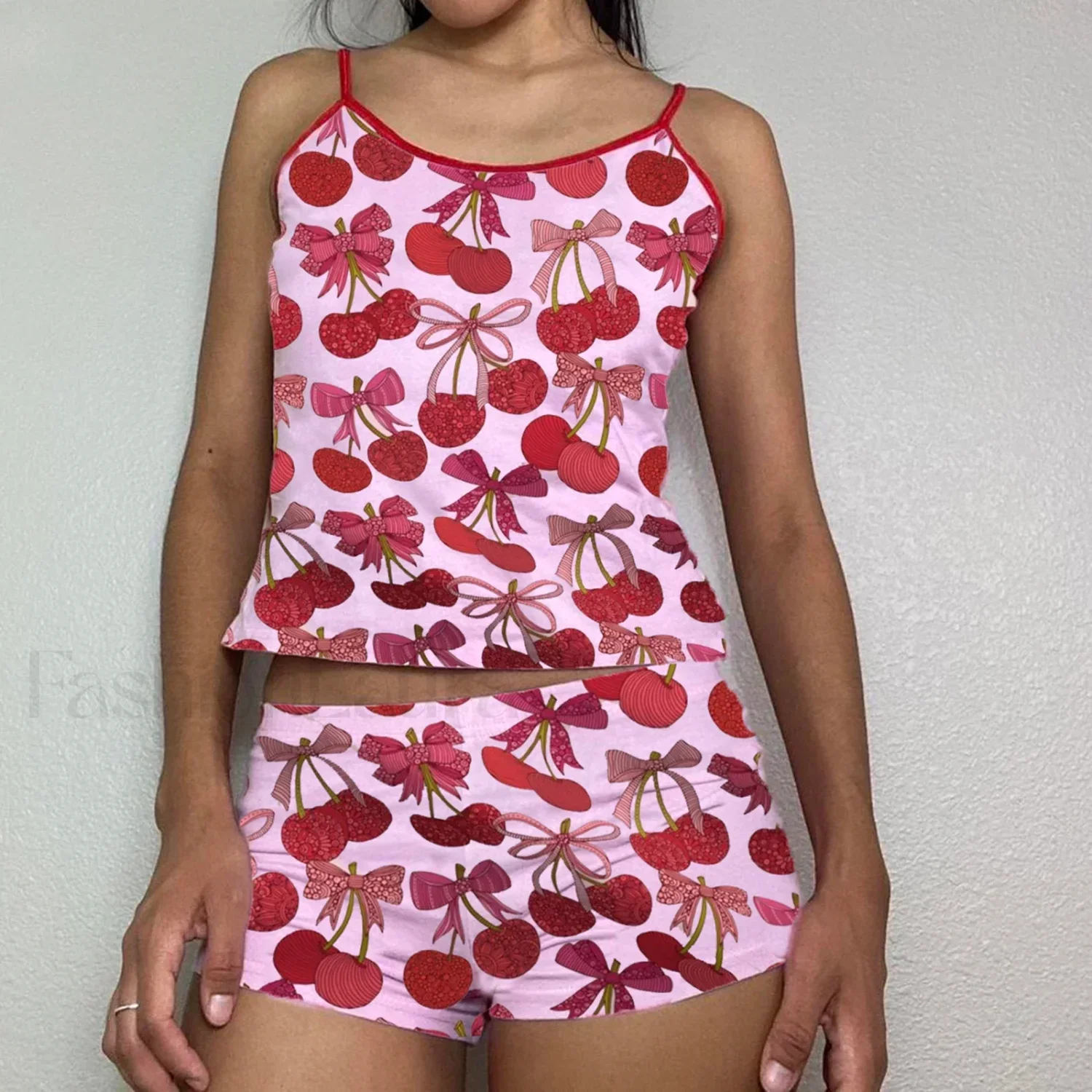Summer Shorts Strawberry Cherry Bow Camisole Two Piece Set - Image 8