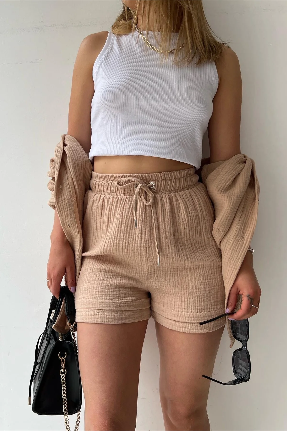 Textured Lapel Long Sleeve Top High Waist Shorts Set - Image 12