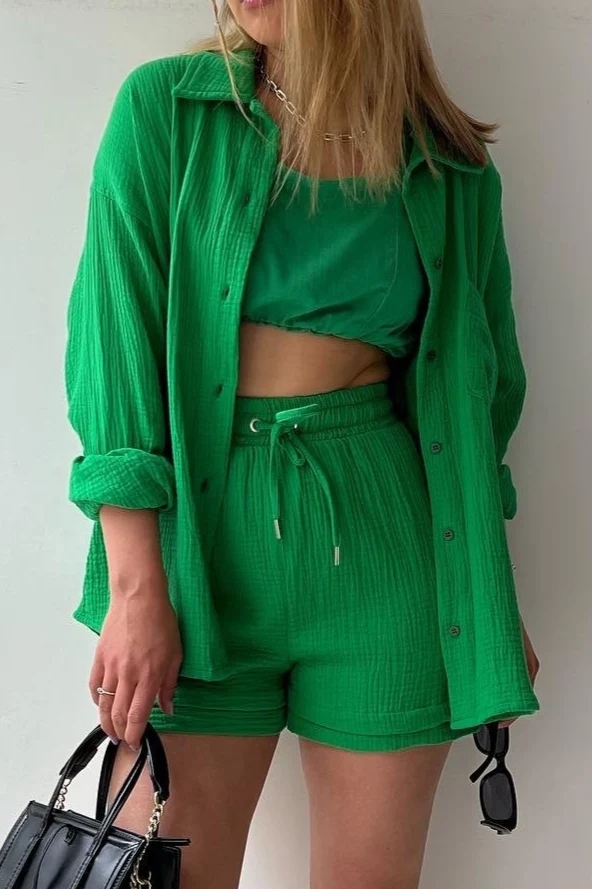 Textured Lapel Long Sleeve Top High Waist Shorts Set - Image 6