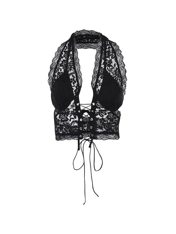 Tie Front Lace Halter Tank Top - Image 7