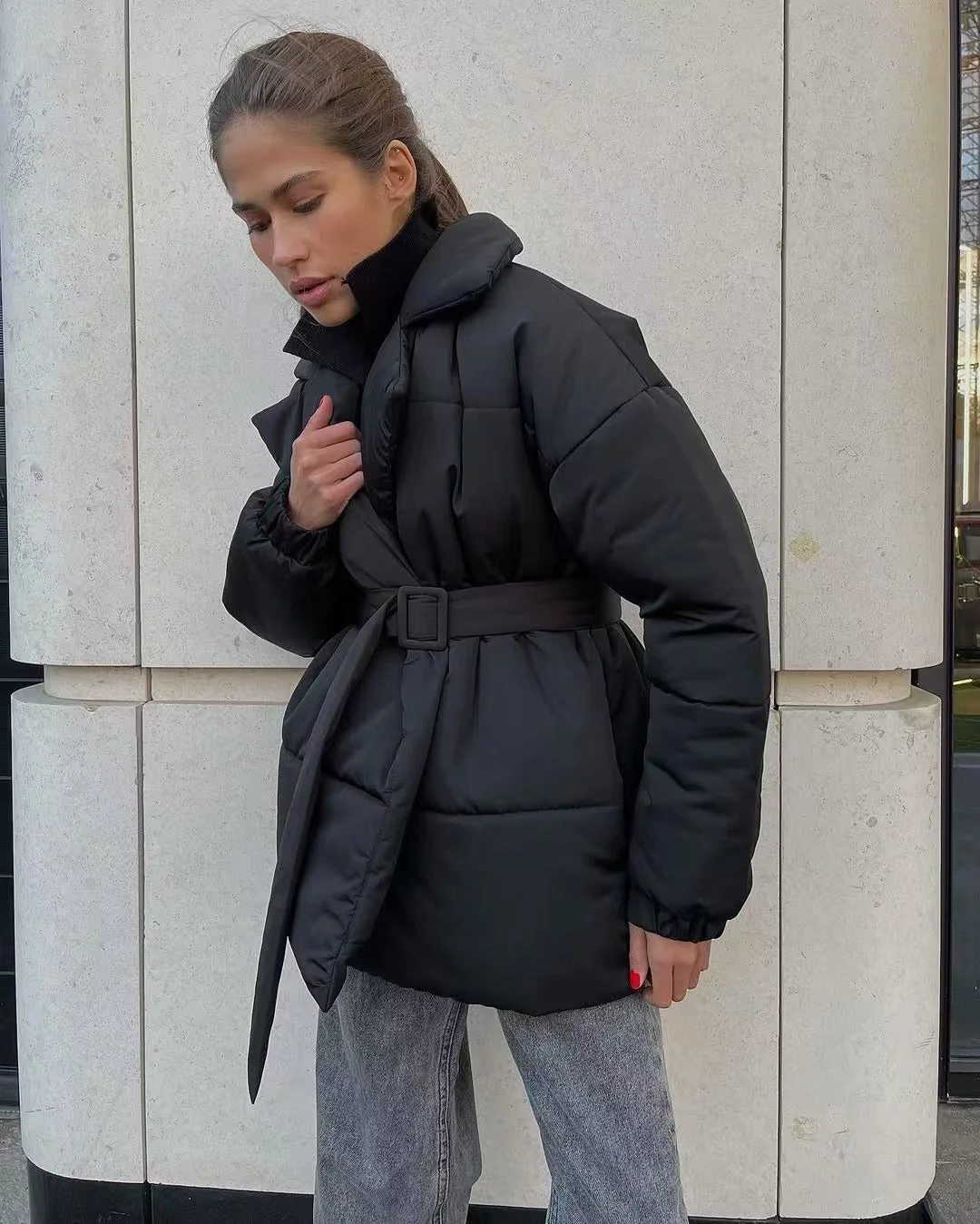 Tie Waist Cotton V-Neck Puffer Jacket - Image 8