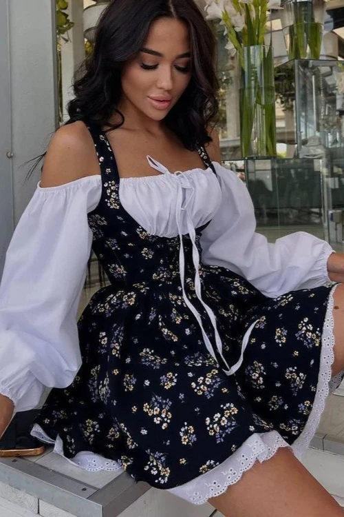 Two Piece Puff Sleeve Strapless Floral Dress - Image 7
