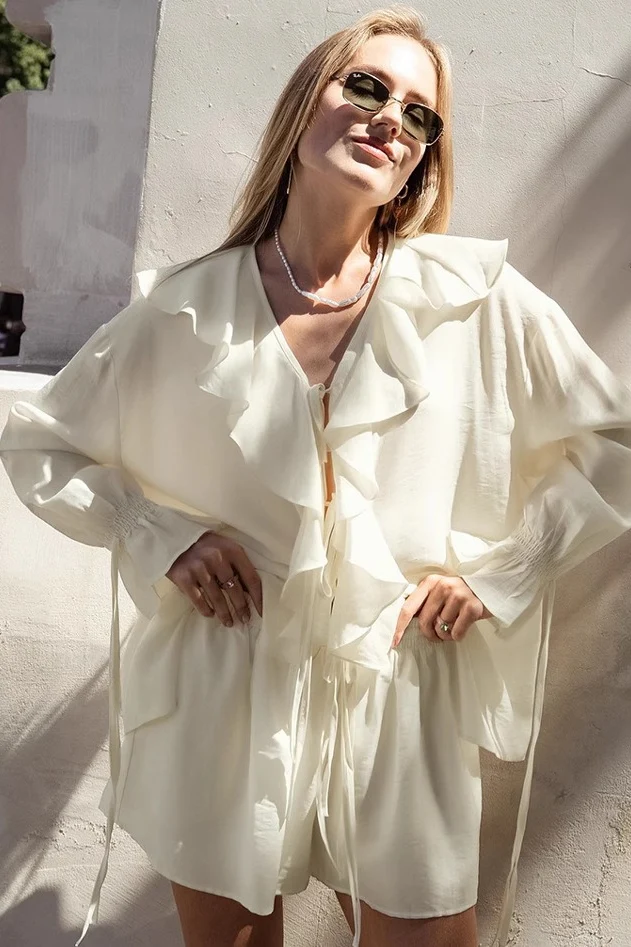V Neck Relaxed Ruffle Blouse - Image 2