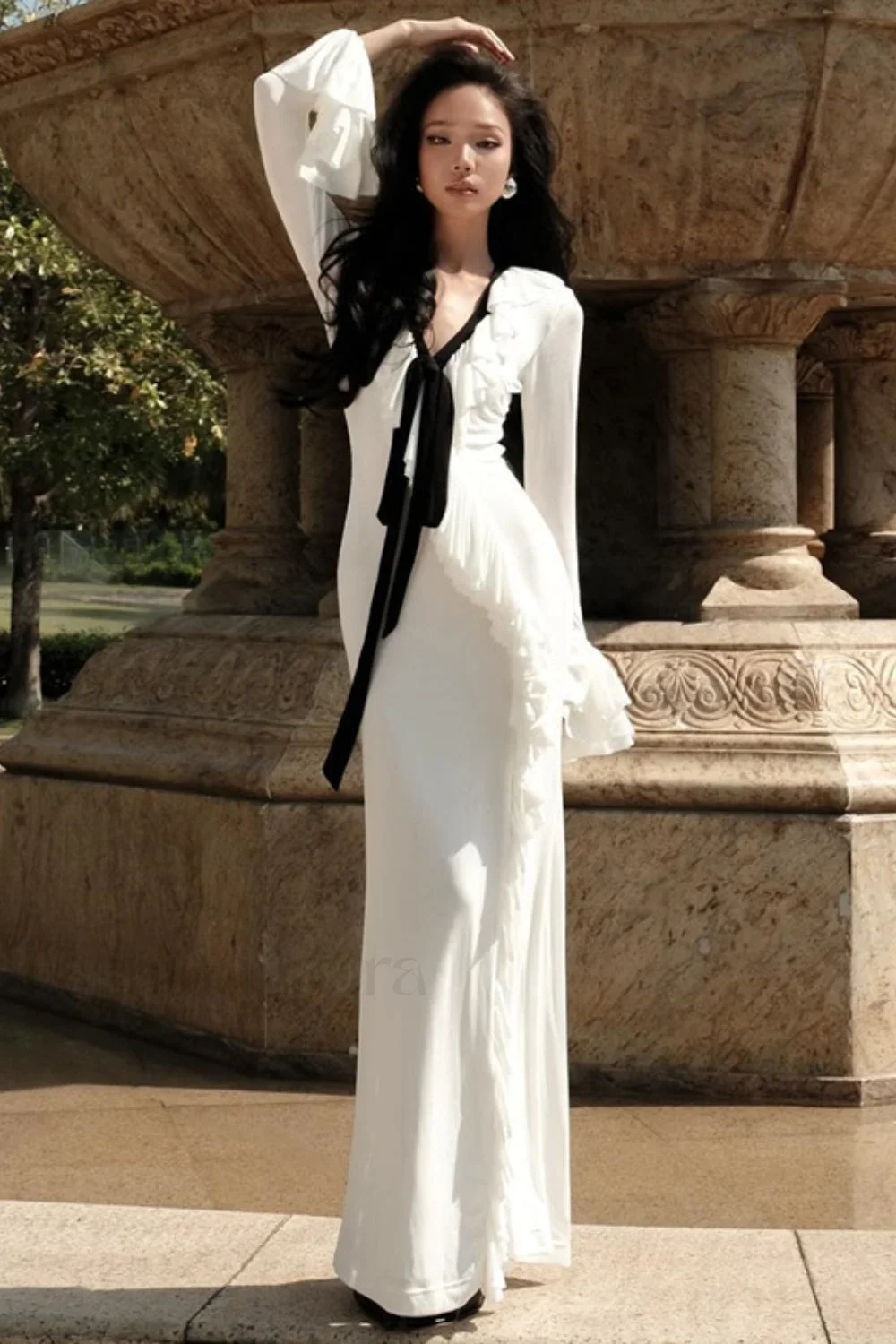 V-Neck Ruffled Split Long Sleeve Maxi Dress - Image 3