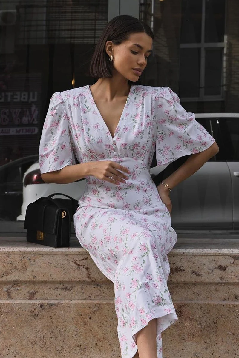 V Neck Short Sleeve Maxi Floral Dress - Image 5