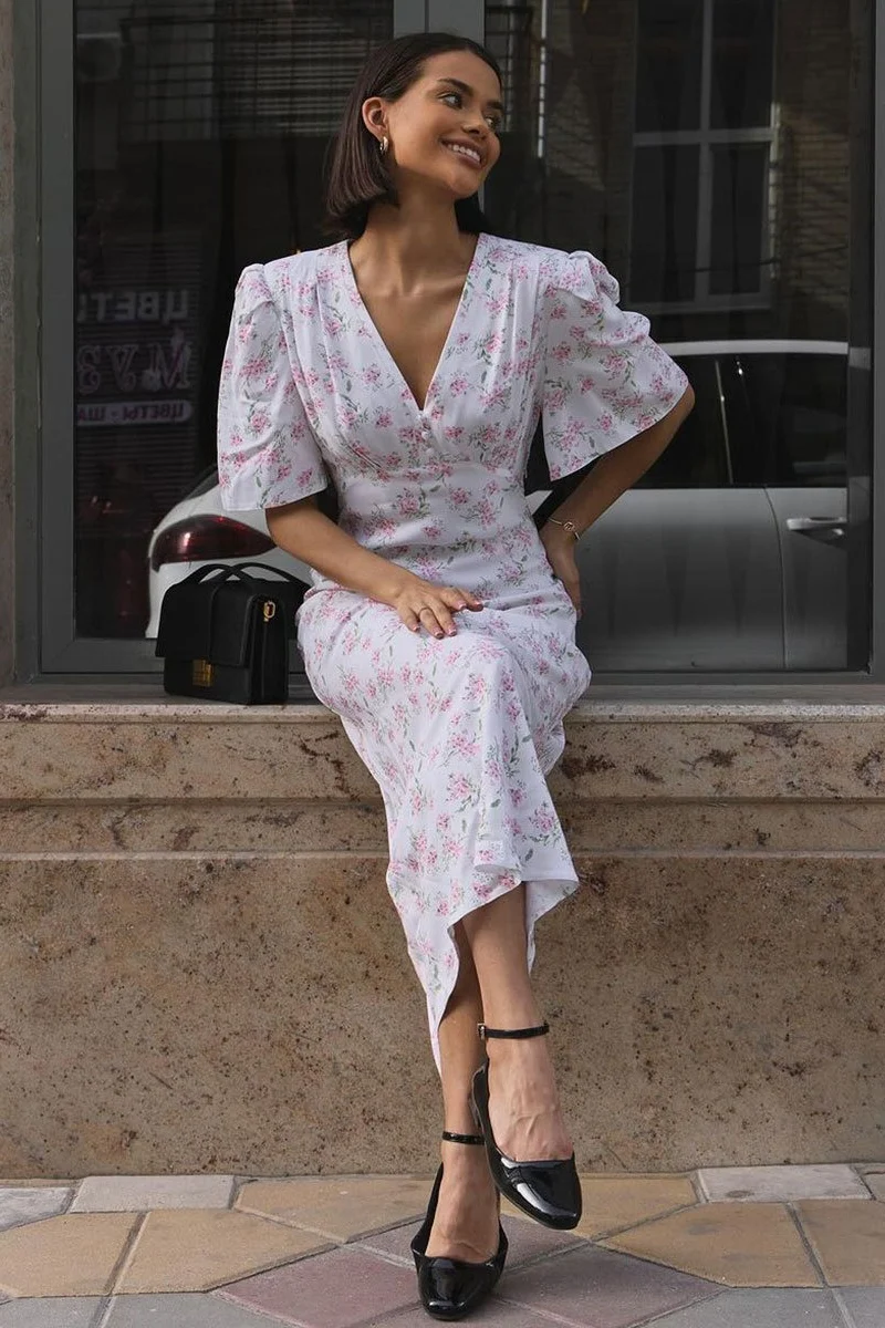 V Neck Short Sleeve Maxi Floral Dress - Image 6