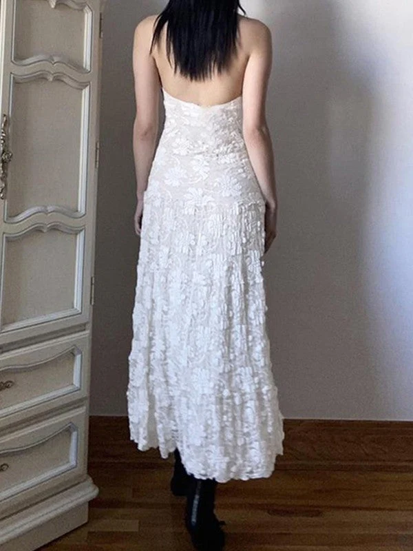 White Floral Lace Halter Maxi Dress - Image 3