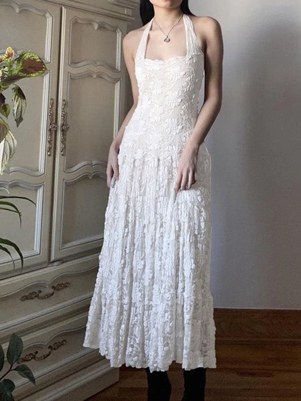 White Floral Lace Halter Maxi Dress - Image 5