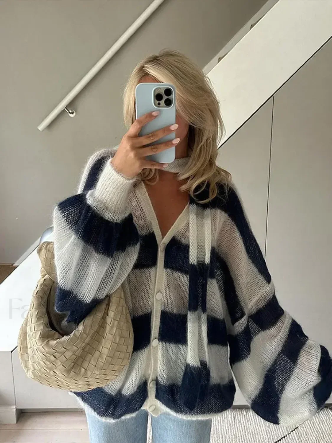 Women Fashion Contrast Striped Knitted Cardigan With Scarf Elegant V Neck Sweater - Image 3