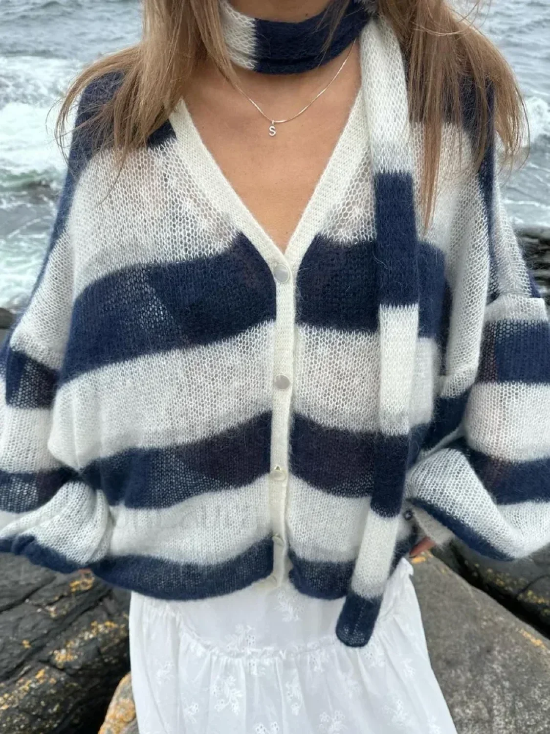 Women Fashion Contrast Striped Knitted Cardigan With Scarf Elegant V Neck Sweater - Image 8