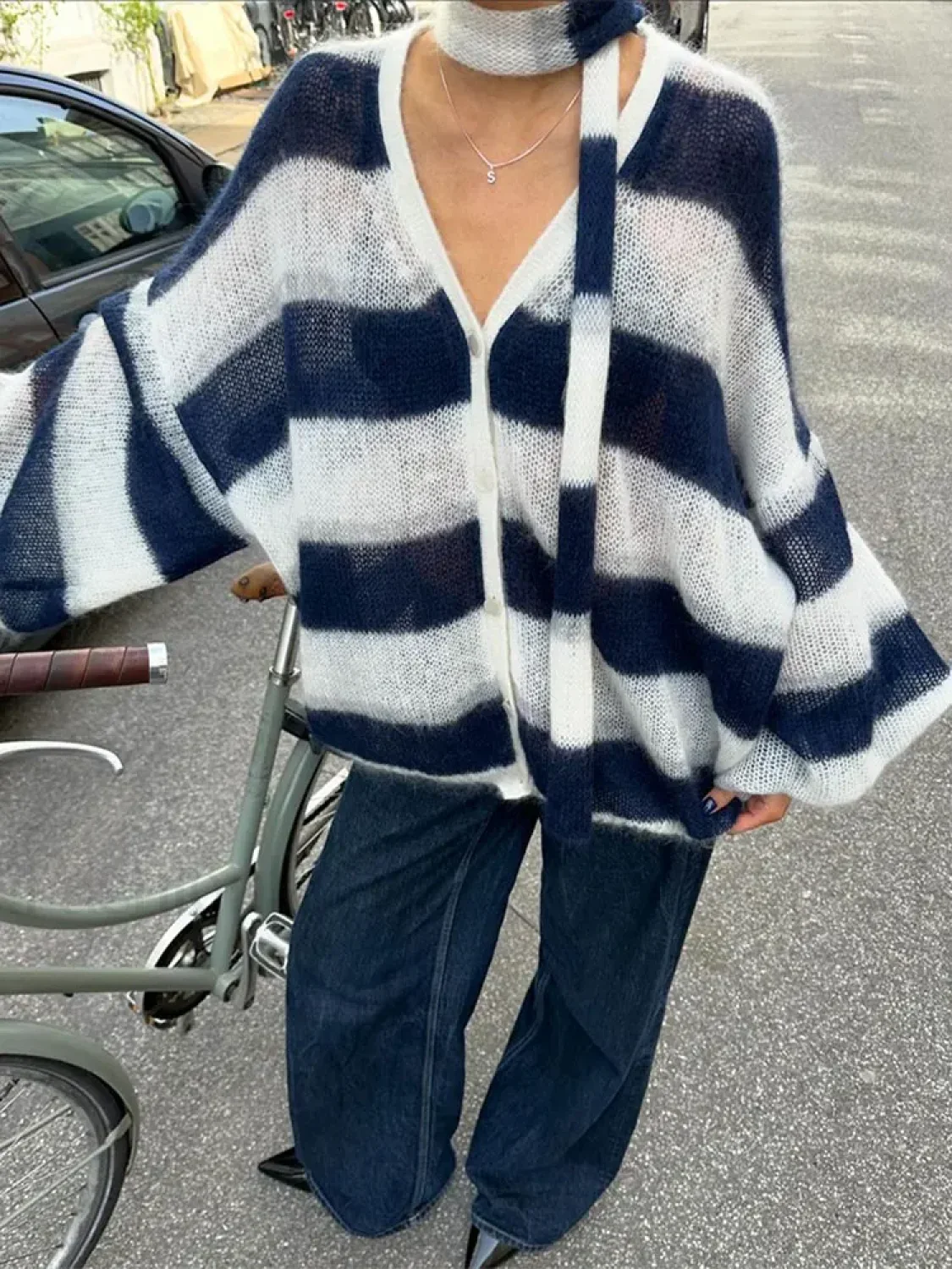 Women Fashion Contrast Striped Knitted Cardigan With Scarf Elegant V Neck Sweater - Image 9