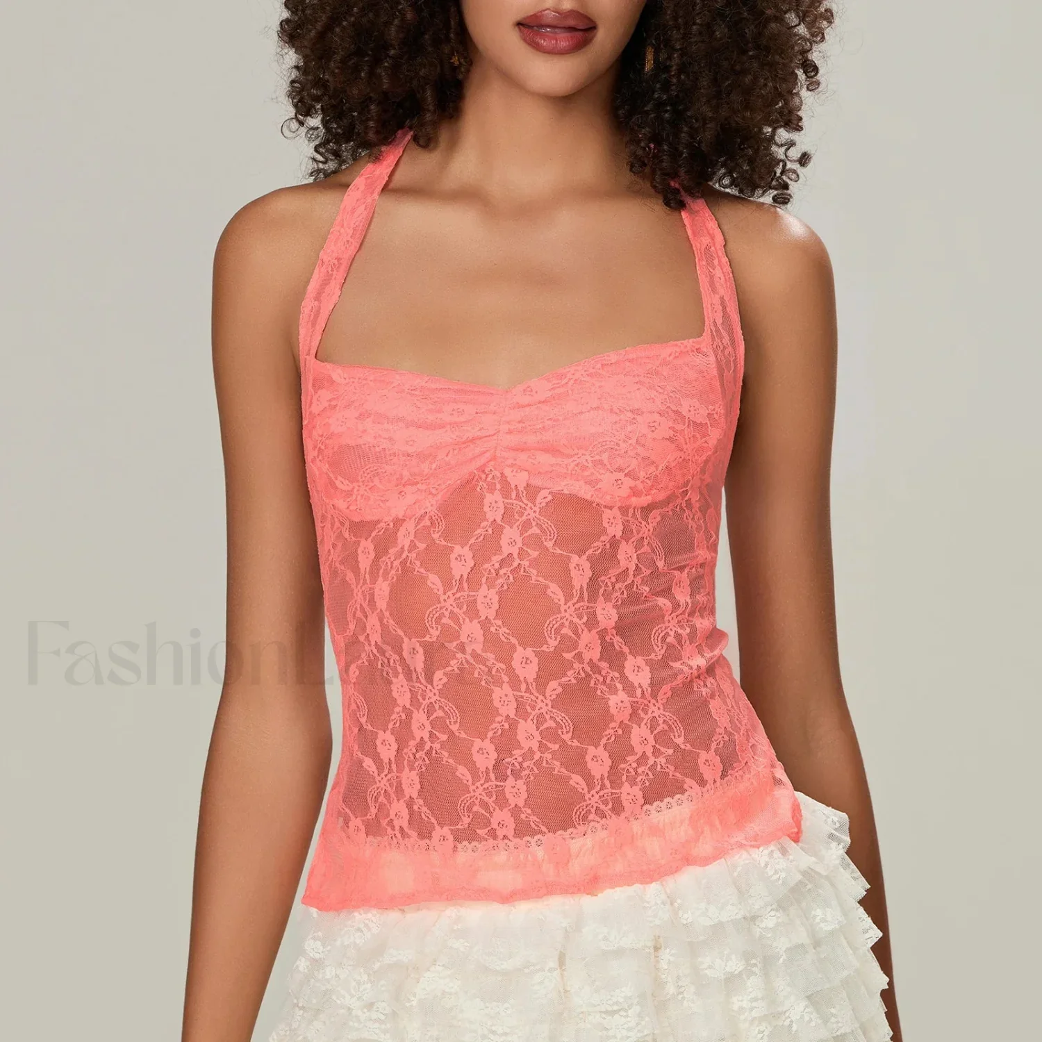 Y2K Lace Camisole Halter Neck Crop Top Two Piece Set - Image 4